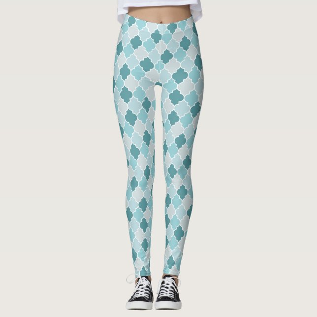 Blaue marokkanische Trellis, Latticework, Quatrefo Leggings (Vorderseite)