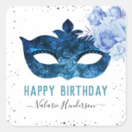 Blaue Masquerade Geburtstagsparty Quadratischer Aufkleber