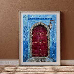 Blaue Mauer von Chefchaouen und karmesinrote marok Poster