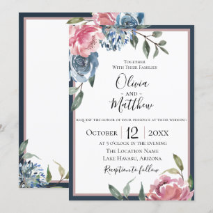 Blaue Mauve Botanicals Hochzeit Einladung