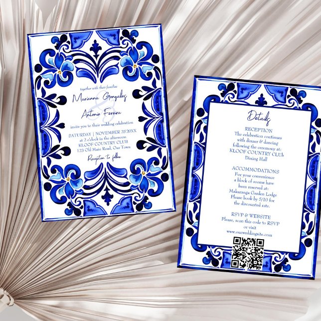 Blaue, mediterrane Fliesen in einer Hochzeit Einladung (Blue Mediterranean French tiles all in one wedding Invitation template digital download qr RSVP)