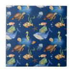Blaue Meereslebewesen Fliese<br><div class="desc">Unter dem Thema Meer. Ein marineblauer Hintergrund und ein Muster mit Walen,  Schildkröten und Fischen</div>