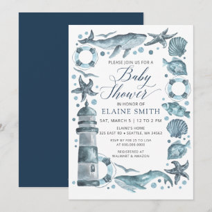 Blaue Meeresmuscheln Ozean Meer Strand Babyparty Einladung