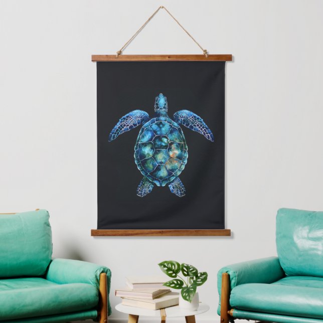 Blaue Meeresschildkröte Wandteppich Mit Holzrahmen (Wohnzimmer)