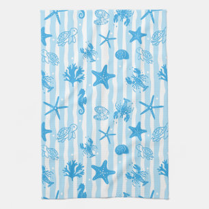Blaue Meerestiere Nautilisches Doodle-Muster Geschirrtuch