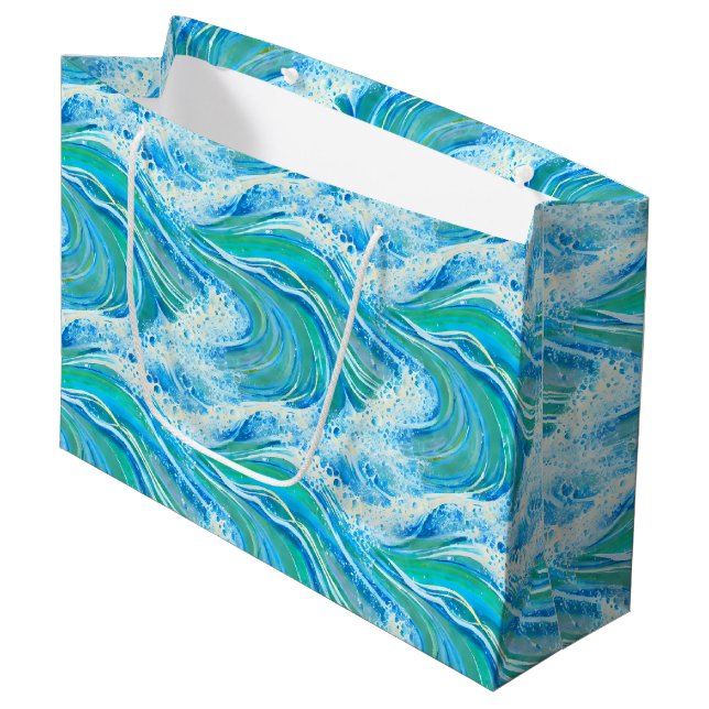 Blaue Meereswellen Große Geschenktüte (Vorderseite Schrägansicht)