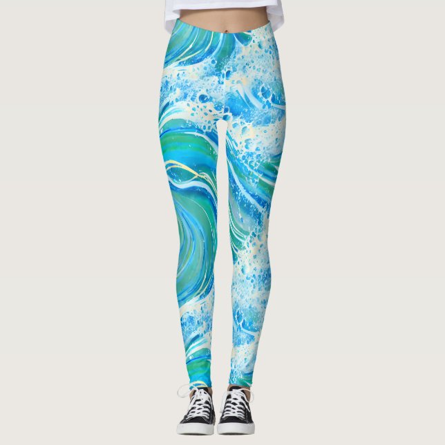 Blaue Meereswellen Leggings (Vorderseite)