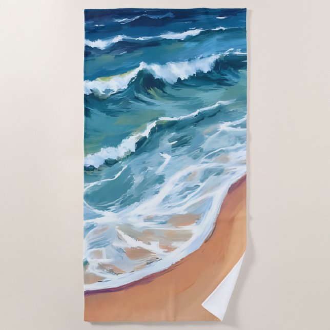 Blaue Meereswellen Wasserfarbe Strandtuch (Vorderseite)