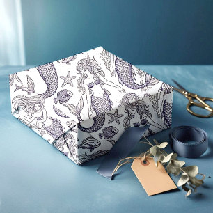 Blaue Meerjungfrau & Meerestiere im Vintage-Muster Geschenkpapier