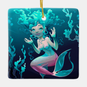 Blaue Meerjungfrau-Schwimmen im Ozean Keramikornament