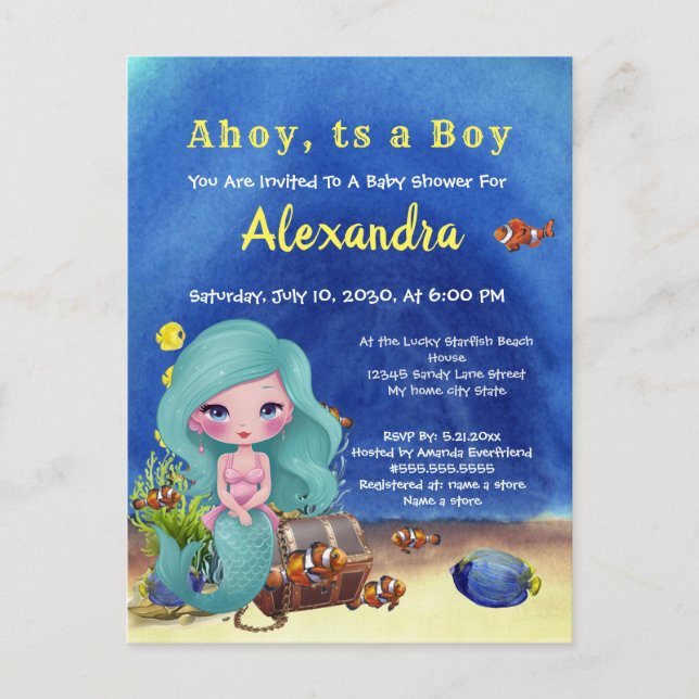 Blaue Meerjungfrau unter der Sea Boy Baby Dusche Einladungspostkarte (Vorderseite)