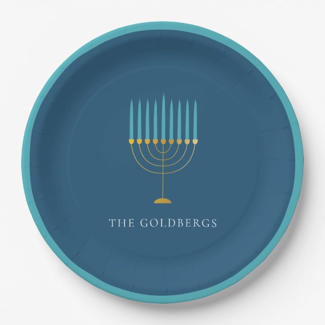 Blaue Menora-Hanukka-Feier Personalisiert  Pappteller (Vorderseite)
