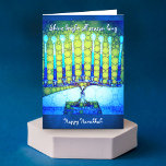 Blaue Menorah Foto individuelle Name Hanukkah Feiertagskarte<br><div class="desc">"Shine hell die ganze Saison lang. Happy Hanukkah." Ein nahes Foto einer leuchtenden, farbenfrohen, blauen künstlerischen Menorah hilft Ihnen den Urlaub in Hanukkah zu beginnen. Genießen Sie die Wärme und Freude der Urlaubssaison, wenn Sie diese atemberaubende, farbenfrohe Hanukkah Grußkarte schicken. Passende Umschläge, Aufkleber, Briefmarke, Totensäcke, Serviertablette und andere Produkte sind...</div>