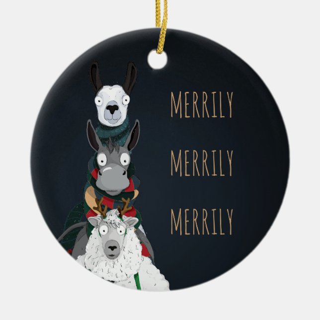 Blaue "Merrily Merrily Merrily" Wintertiere Keramik Ornament (Vorne)
