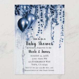 Blaue Metallic Party Ballons Efeu Baby Shower Einladung