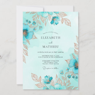 Blaue Metallic-Wasserfarben-Hochzeit am Meer Einladung