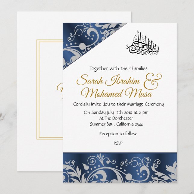 Blaue Metallische Hochzeit der Trellis Einladung (Vorne/Hinten)