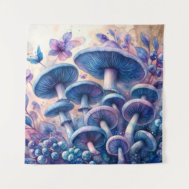 Blaue Milch Pilz Wasserfarbe Kunst Wandteppich (Vorderseite)