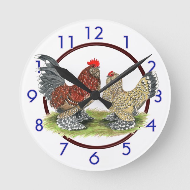 Blaue Mille Fleur Zwerghuhn-Uhr Runde Wanduhr (Vorderseite)