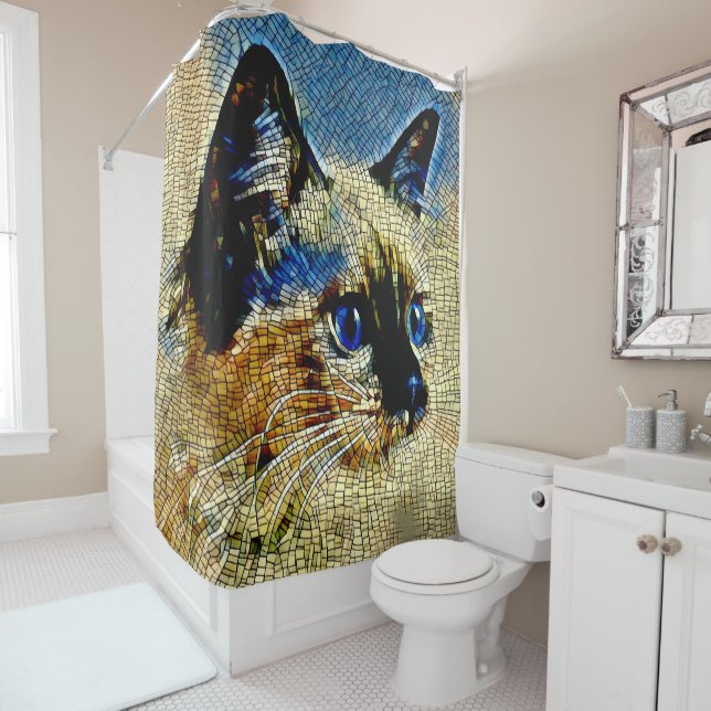 Blaue Mit Augen siamesische Katze Mosaikfliesen Duschvorhang (Beispiel)