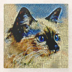 Blaue Mit Augen siamesische Katze Mosaikfliesen Glasuntersetzer