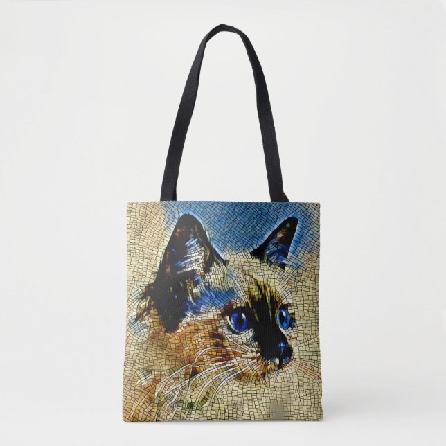 Blaue Mit Augen siamesische Katze Mosaikfliesen Tasche (Vorderseite)