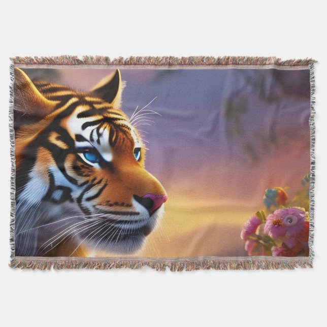 Blaue Mit Augen Tiger und rosa Blume Decke (Vorderseite)