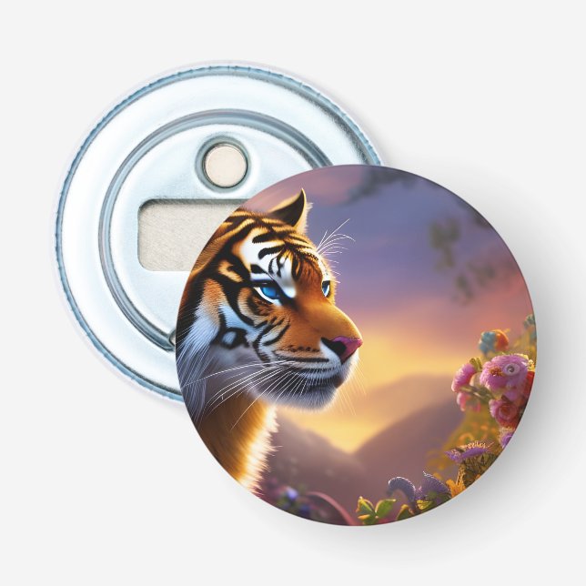 Blaue Mit Augen Tiger und rosa Blume Flaschenöffner (Vorderseite)
