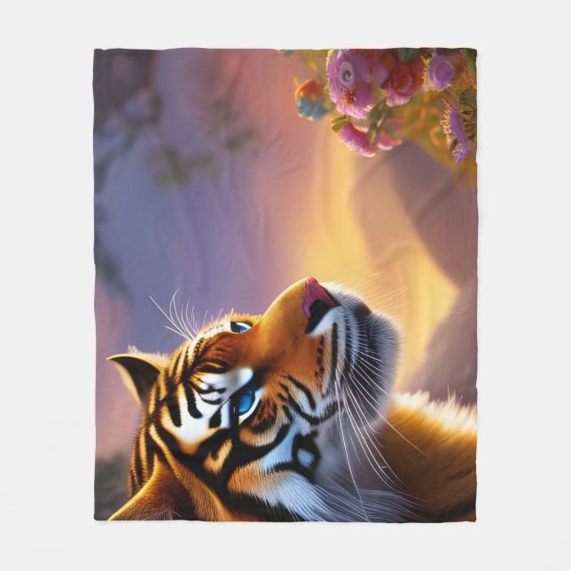 Blaue Mit Augen Tiger und rosa Blume Fleecedecke (Vorderseite)
