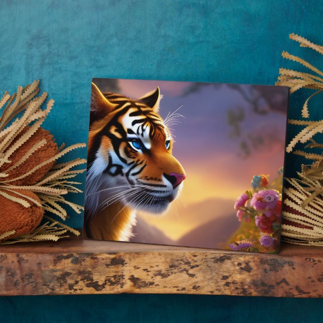 Blaue Mit Augen Tiger und rosa Blume Fotoplatte (Seite)