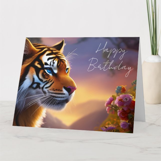 Blaue Mit Augen Tiger und rosa Blume Karte (Vorderseite)