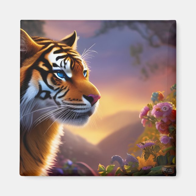 Blaue Mit Augen Tiger und rosa Blume Magnet (Vorne)