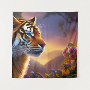 Blaue Mit Augen Tiger und rosa Blume Wandteppich