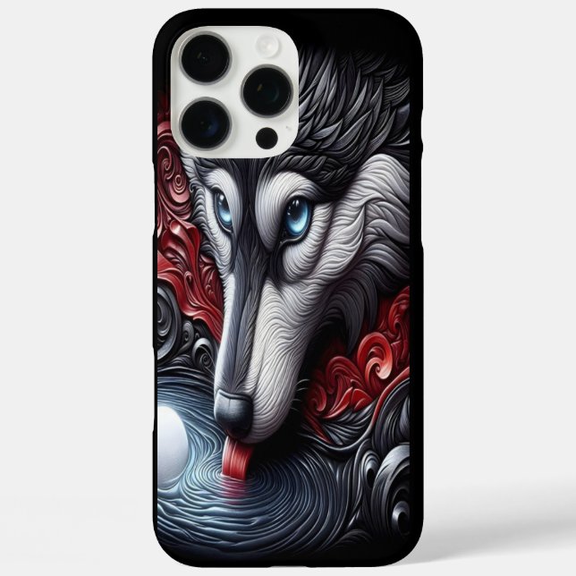 Blaue Mit Augen Wolf-Reflektionsszene iPhone 16 Pro Max Hülle (Rückseite)