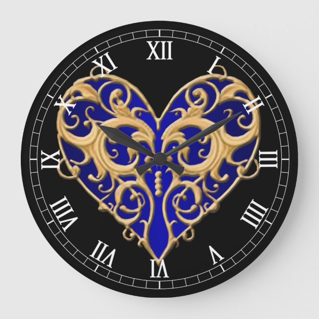Blaue mit Filigran geschmückte Herz-römische Große Wanduhr (Vorderseite)