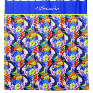 Blaue Mit Monogramm tropische Blume mit Toucan Duschvorhang
