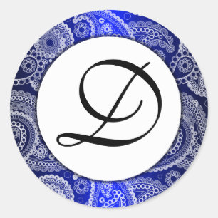 Blaue mit Monogramm weiße Spitze-Paisley-Aufklebe Runder Aufkleber