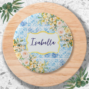 Blaue Mittelmeerfliesen-Blumen-Zitrone Personalisi Button