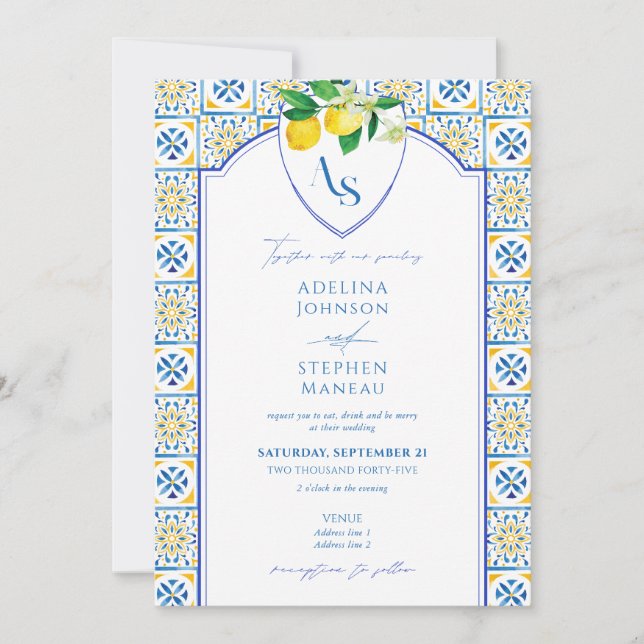 Blaue Mittelmeerfliesen Lemon auf einer Hochzeit Einladung (Vorderseite)
