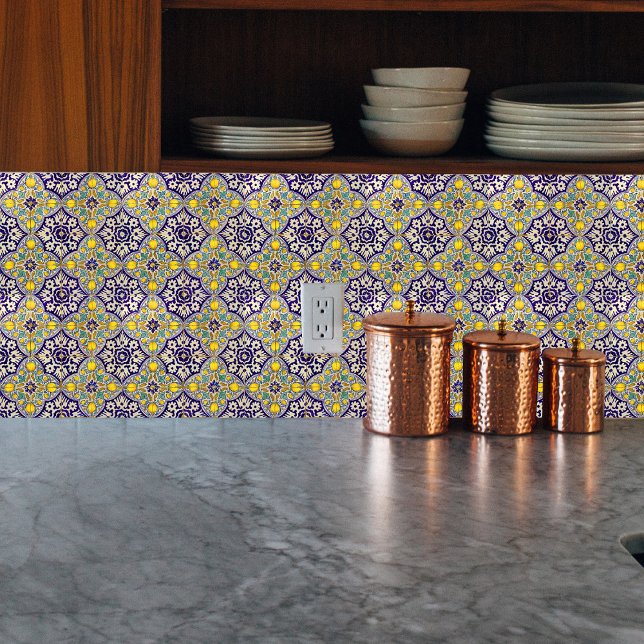 Blaue Mittelmeermuster Gelbe Blüten Fliese (Von Creator hochgeladen)