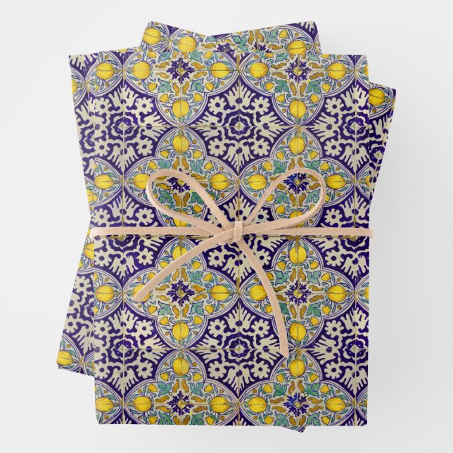 Blaue Mittelmeermuster Gelbe Blüten Geschenkpapier Set (Beispiel)