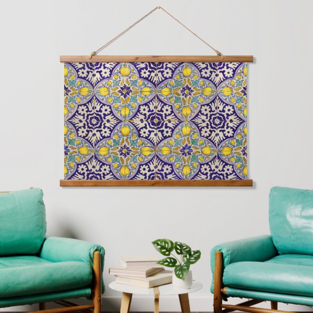 Blaue Mittelmeermuster Gelbe Blüten Wandteppich Mit Holzrahmen (Wohnzimmer)