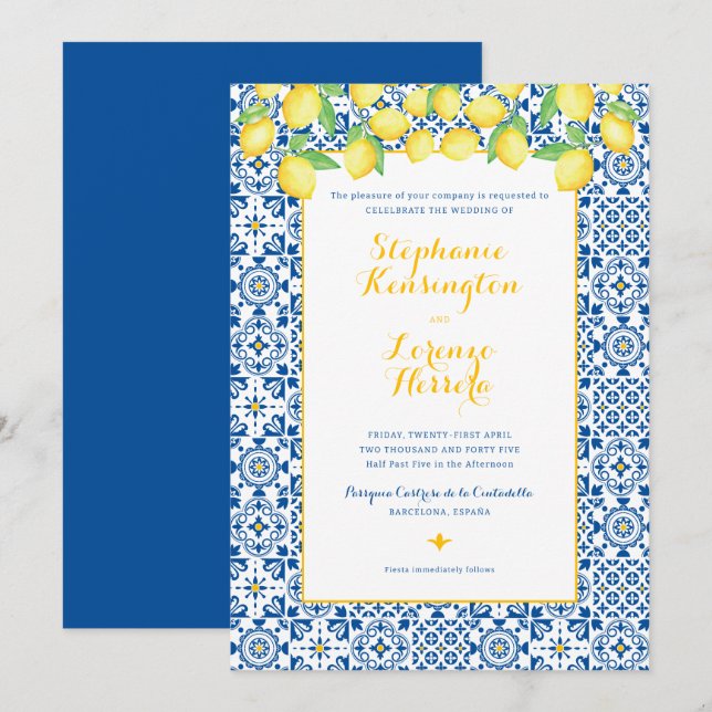 Blaue Mittelmeerzunge Gelbe Lemonen Hochzeit Einladung (Vorne/Hinten)