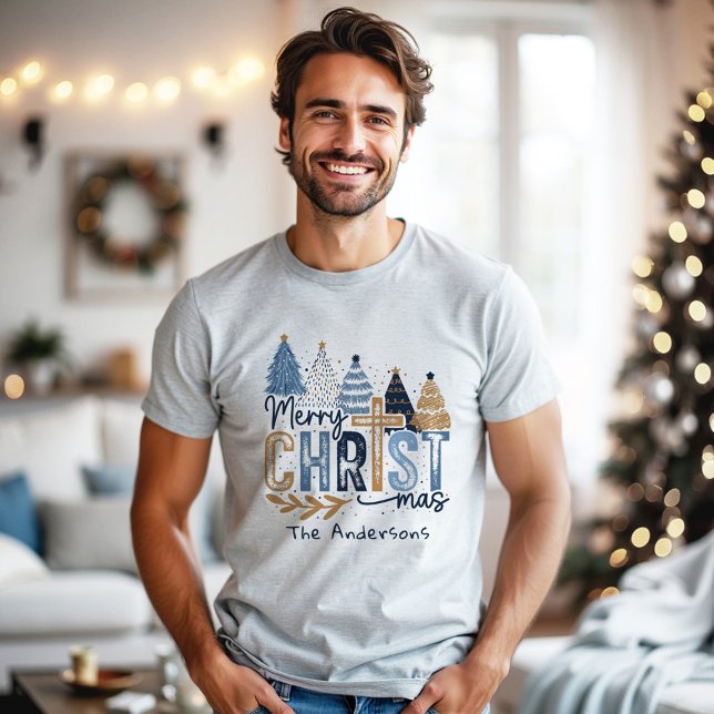 Blaue moderne Bäume Christlich Jesus Weihnachtsnam Tri-Blend Shirt (Blue Modern Trees Christian Jesus Christmas Name Tri-Blend Shirt)