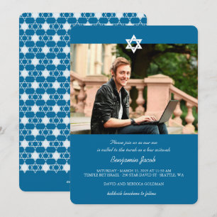 Blaue moderne Davidssterne Bar Mitzvah Foto Einladung