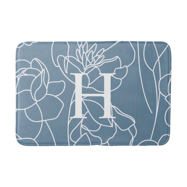 Blaue moderne elegante Wildblumen-Monogramm Badematte (Vorderseite)