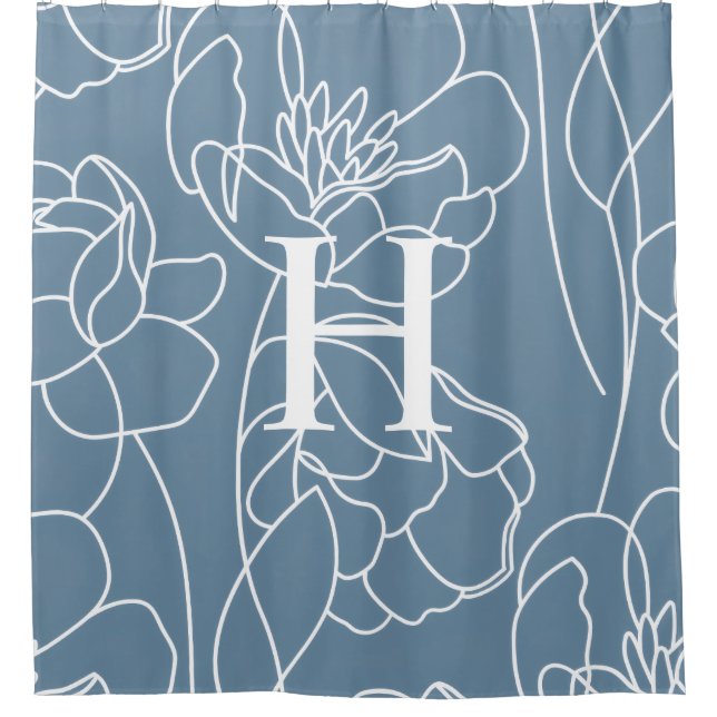 Blaue moderne elegante Wildblumen-Monogramm-Name Duschvorhang (Vorderseite)