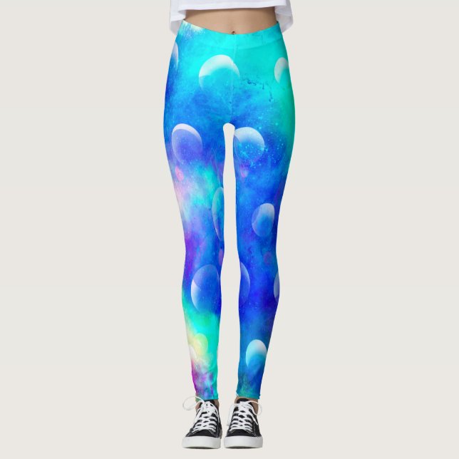 Blaue moderne fabelhafte Bläschen abstrakte Wasser Leggings (Vorderseite)