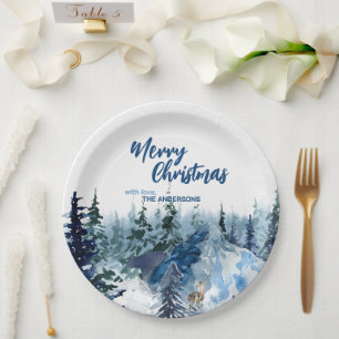 Blaue moderne fröhliche Weihnachtsbäume Wald Renti Pappteller