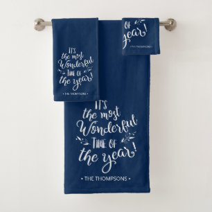 Blaue moderne Weihnachtstypografie Personalisiert Badhandtuch Set